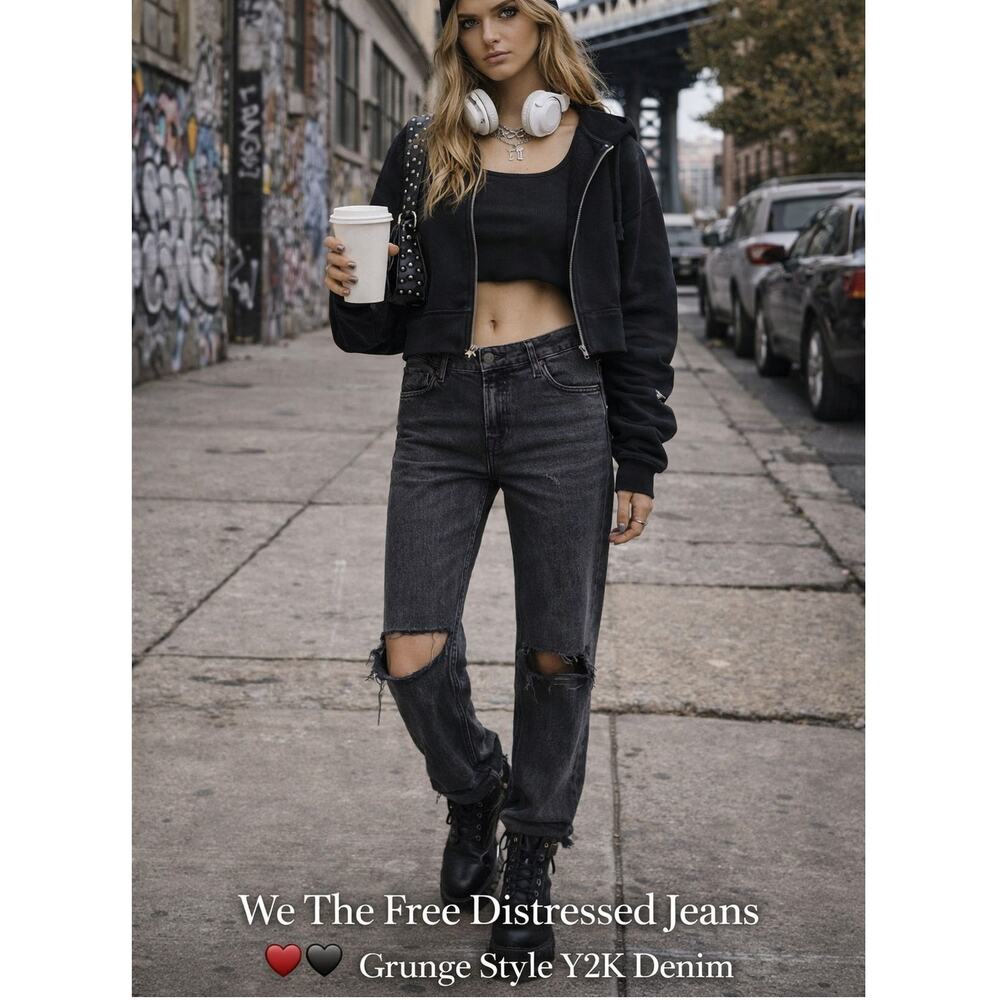 We The Free Black Distressed Straight Leg Jeans Size 26 Y2K Grunge Raw Hem